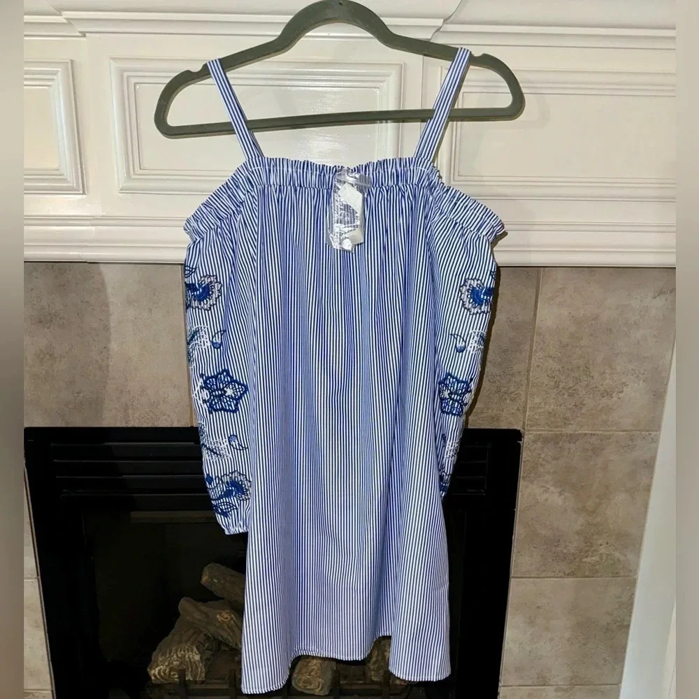 As U Wish NWT Women’s Dress Off theShoulder Blue White Stripe Embroidered- M - Picture 4 of 9